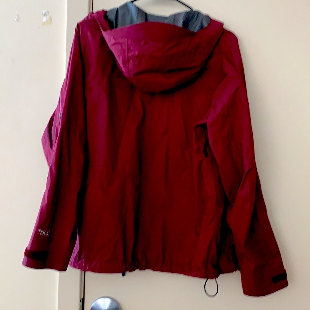 Women's Maroon LL Bean raincoat.